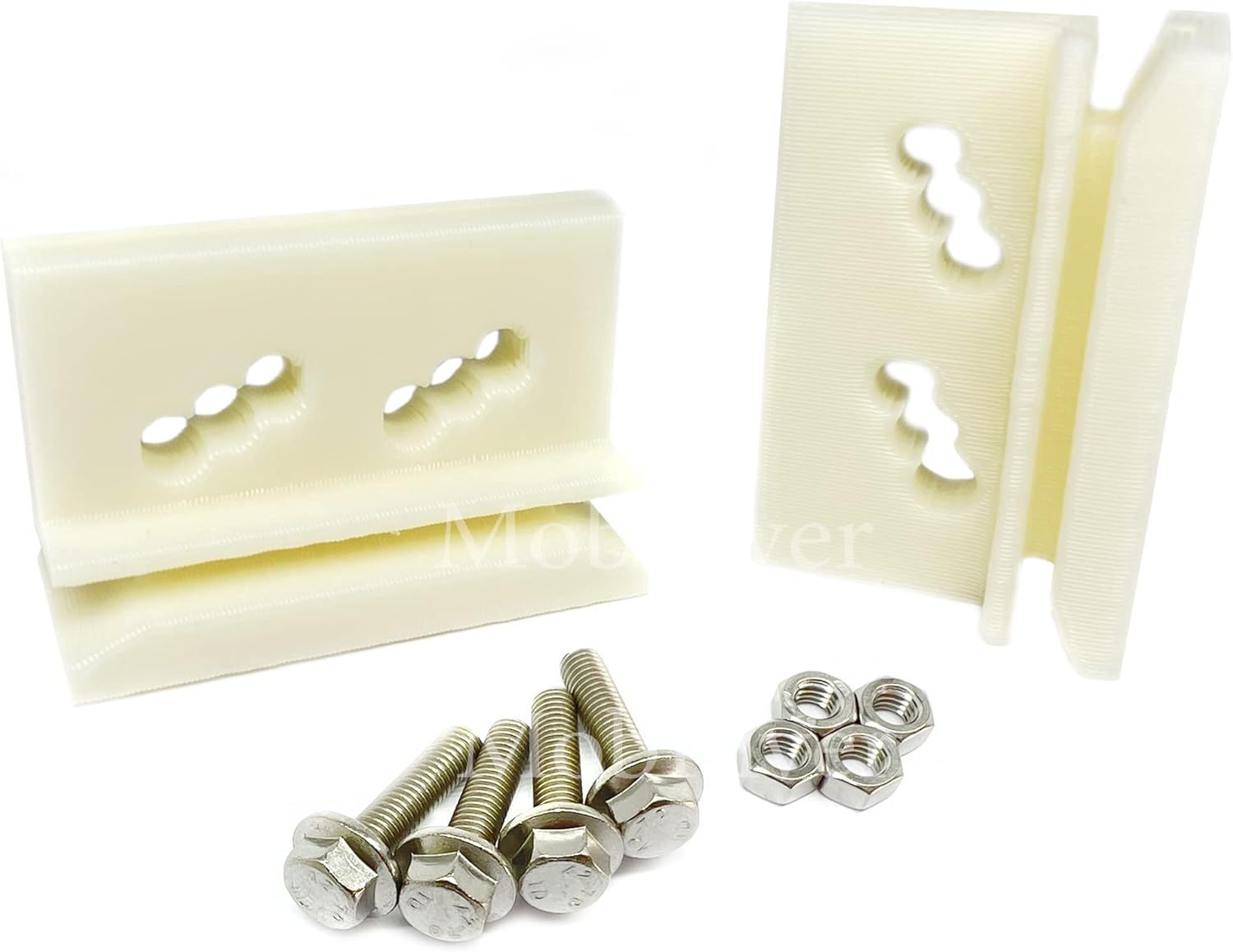 Two cream replacement shed door hangers with mounting bolts and nuts