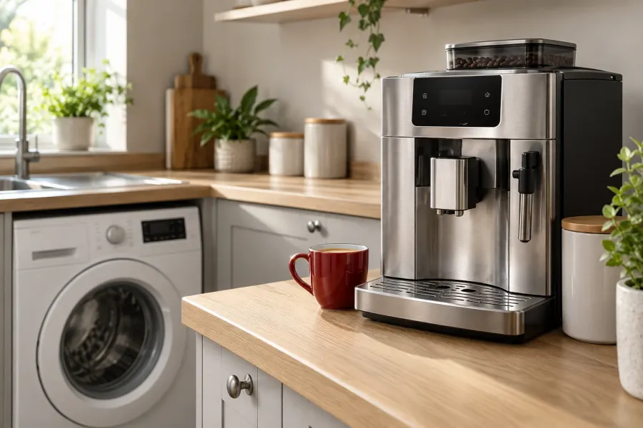 A coffee machine and washing machine in a bright kitchen — illustrative appliance scene